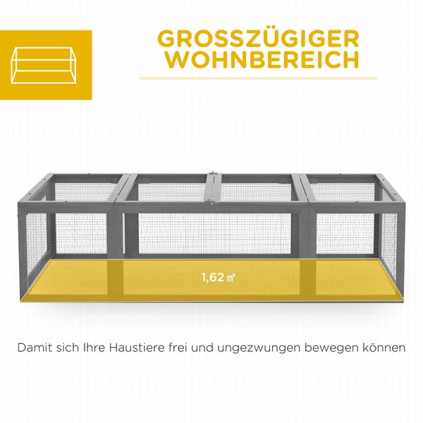 PawHut Hasenstall Kaninchenstall aus Tannenholz Winterfest Hasenkäfig mit aufklappbar Dach 180x90x48 cm Kaninchenkäfig Outdoor Kleintierstall für Kleintiere Hasen Kaninchen Meerschweinchen Grau