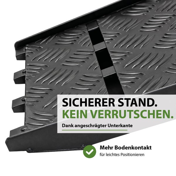 Auffahrrampe mit rutschfestem Riffelblech und abgeschrägter Unterkante für sicheren Halt und einfaches Positionieren.