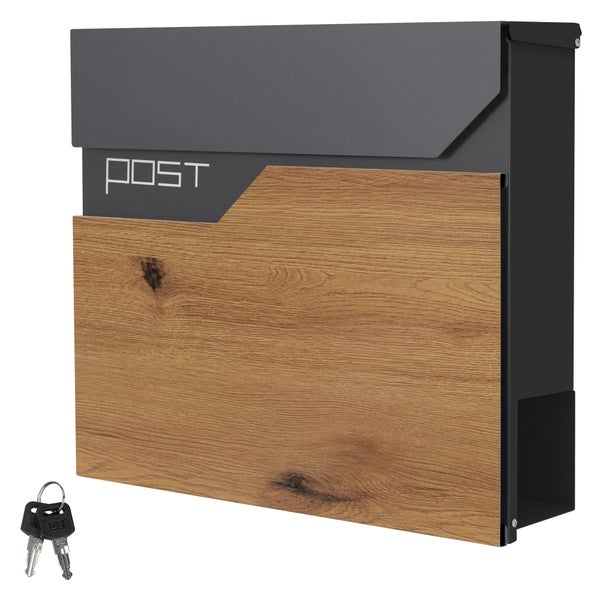 Wandbriefkasten mit Front in Eichen-Optik und anthrazitfarbenem Gehäuse, Aufschrift POST, inklusive zwei Schlüsseln.