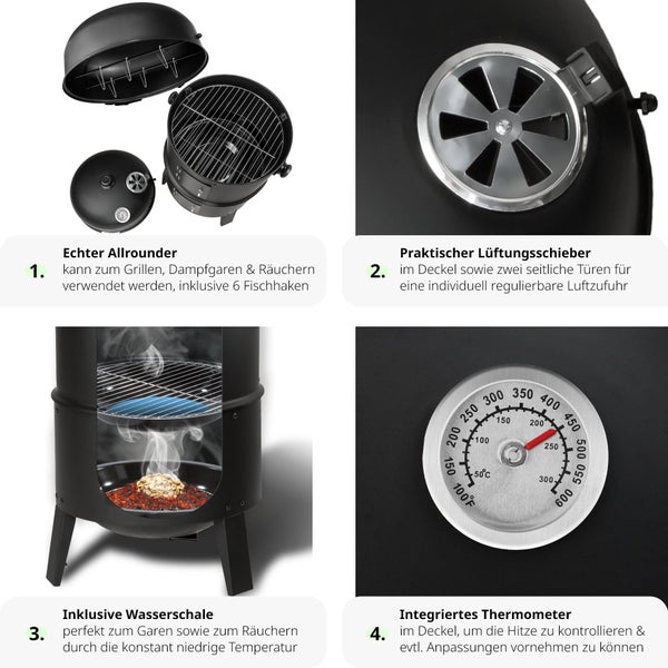Smoker tectake  Ø 41 cm 3 in 1, zum Grillen, Räuchern, Garen schwarz