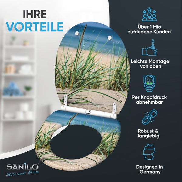 Sanilo Toilettensitz mit Strandmotiv inklusive Produktvorteilen wie leichter Montage und abnehmbarem Deckel.
