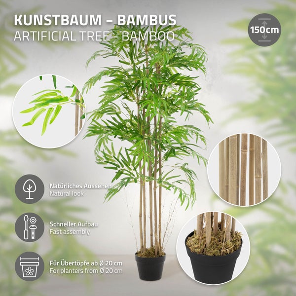 ML-Design Künstlicher Bambus 150 cm, Künstliche Pflanzen groß, Kunstpflanze mit Echtholzstamm, Fake Plastik Pflanze Dekoration im Topf für Indoor und Outdoor, Kunstbaum wie echt für Wohnzimmer Büro