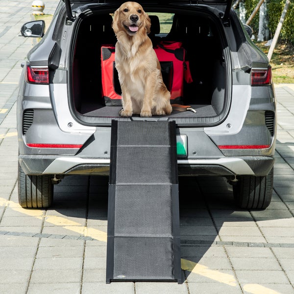 PawHut Haustierrampe Klappbare Hunderampe Autorampe, Hundeeinstiegshilfe aus Alu, Rutschfeste Kofferraumrampe für Autos, SUV und LKWs, bis 40 kg, 158 x 43,5 cm