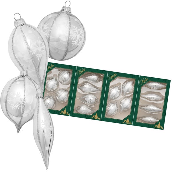 Glasformenset Schneeflocke, silber/ice, 10cm (mundgeblasen handdekoriert sortiert), 16 Stck., Weihnachtsbaumkugeln, Christbaumschmuck, Weihnachtsbaumanhänger