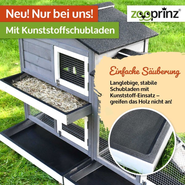 Zweistöckiger Kleintierstall aus Holz mit ausziehbaren Kunststoffschubladen zur einfachen Reinigung und Zooprinz Logo.