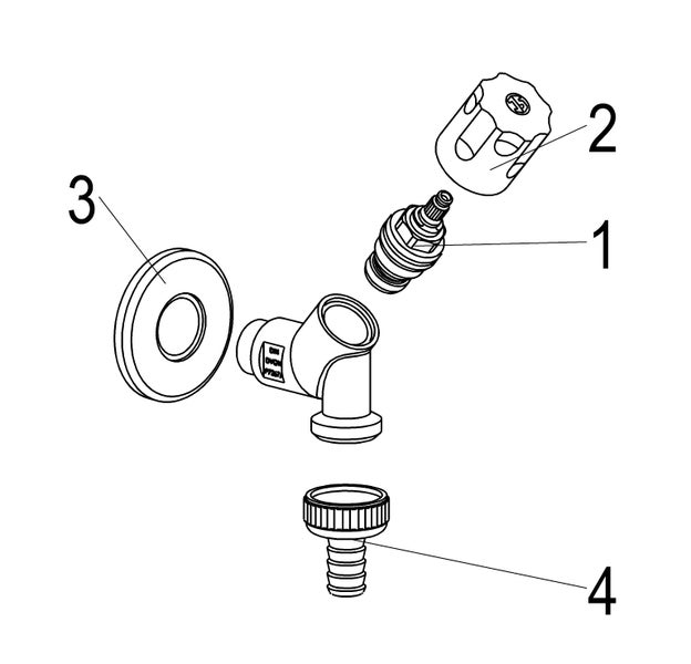 Explosionszeichnung einer Auslaufarmatur mit nummerierten Teilen wie Ventiloberteil, Griff, Wandscheibe und Schlauchverschraubung.