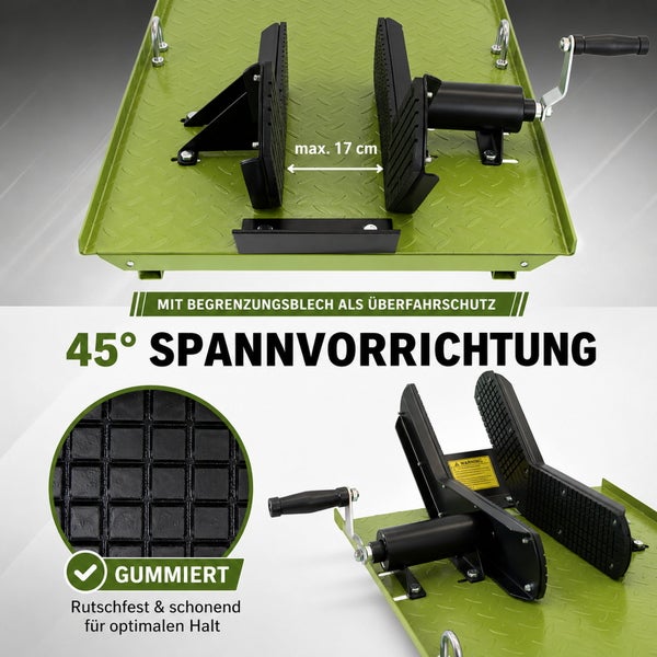 45 Grad Spannvorrichtung mit gummierten Klemmbacken und Überfahrschutz, maximal 17 Zentimeter Spannweite.