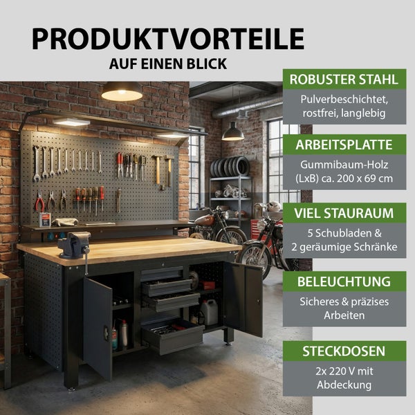 Werkbank aus Stahl mit Gummibaumholz-Platte, Lochwand, Beleuchtung, fünf Schubladen, zwei Schränken und zwei 220 Volt Steckdosen in einer Werkstatt.