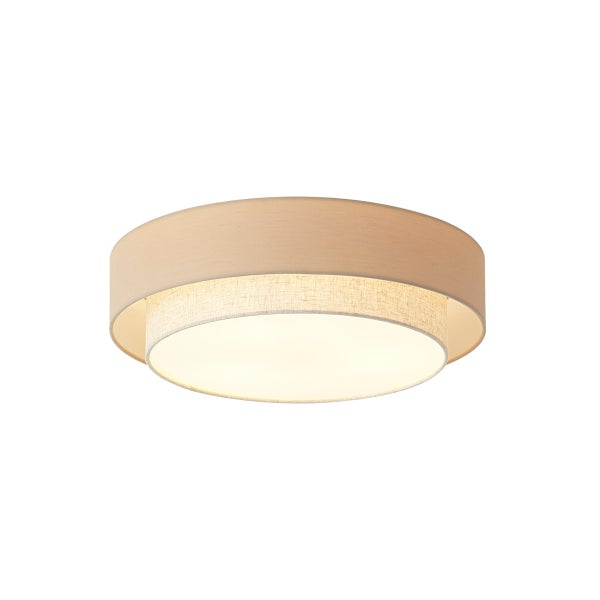 Runde Deckenleuchte aus Stoff in Beige mit zweistufigem Schirm und warmem Licht.