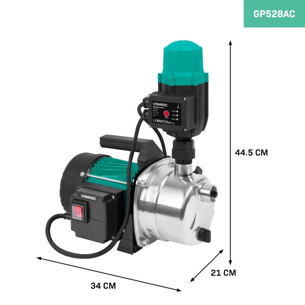VONROC Gartenpumpe selbstansaugend - Automatische Wasserpumpe 1000W, 3500l/h, 4,4bar - Hydrophorpumpe mit Druckschalter – Trockenlaufschutzmit - Zur Bewässerung des Gartens/Rasens
