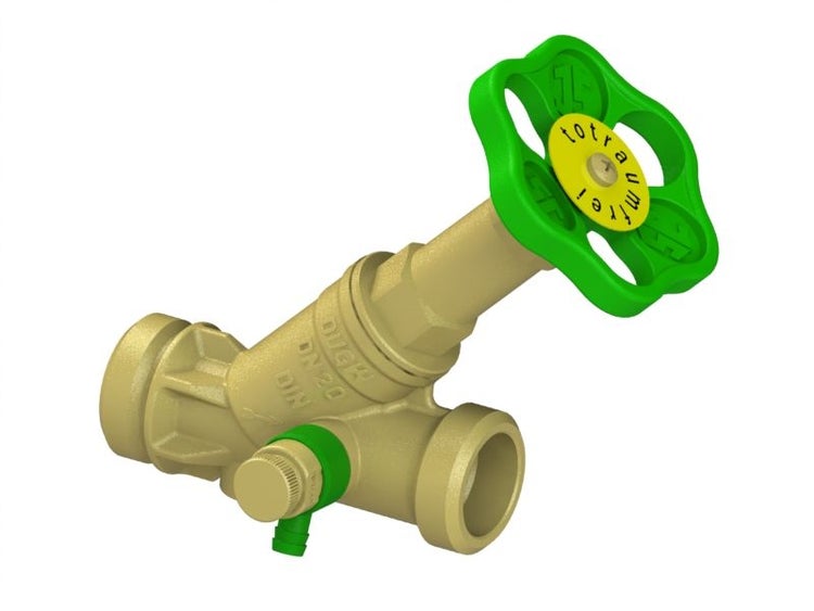Schrägsitzventil aus Messing mit Entleerung und grünem Handrad, Nennweite 20.