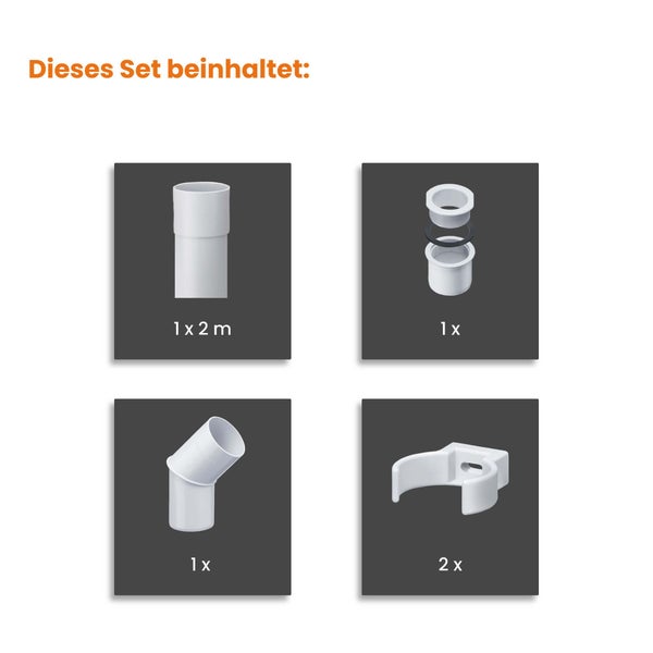 Lieferumfang des Sets: ein 2 Meter langes Rohr, eine Verschraubung mit Dichtung, ein Rohrbogen und zwei Rohrschellen.
