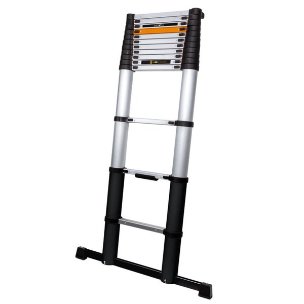 Teleskopleiter aus Aluminium und Kunststoff mit Quertraverse, teilweise ausgefahren.