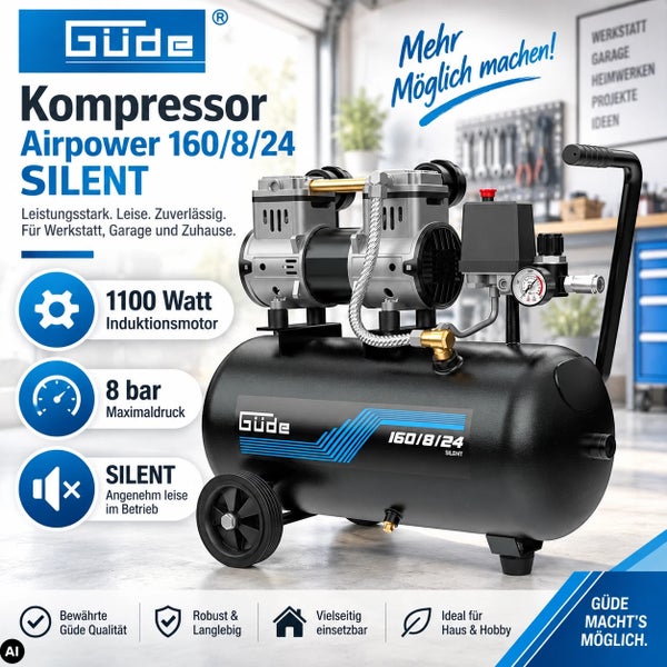 Güde Kompressor Airpower 160/8/24 Silent mit 1100 Watt Induktionsmotor und 8 bar Druck für Werkstatt und Zuhause.