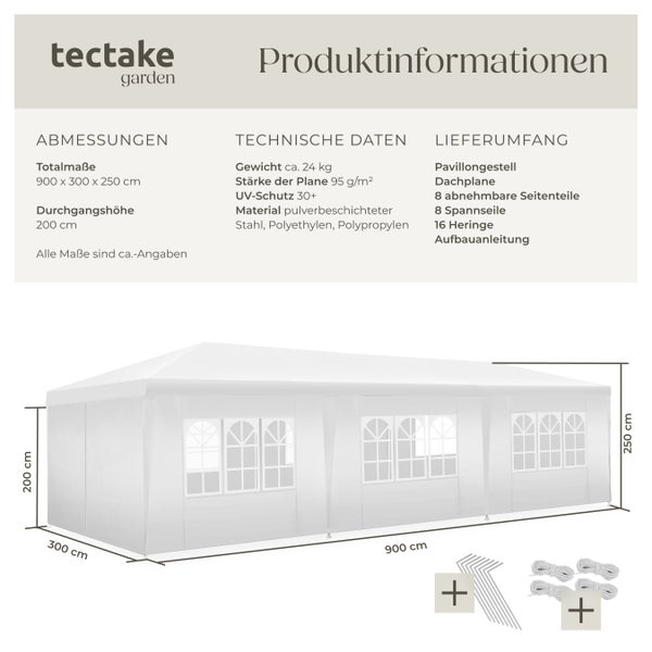 Pavillon tectake Miramas wasserdicht 9 x 3 m, im Stecksystem weiß