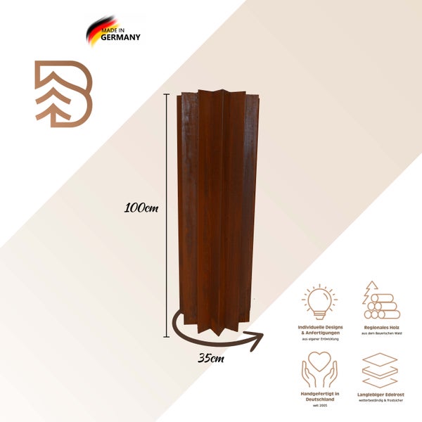 Sternförmige Säule aus Edelrost mit einer Höhe von 100 Zentimetern und einem Durchmesser von 35 Zentimetern, handgefertigt in Deutschland.