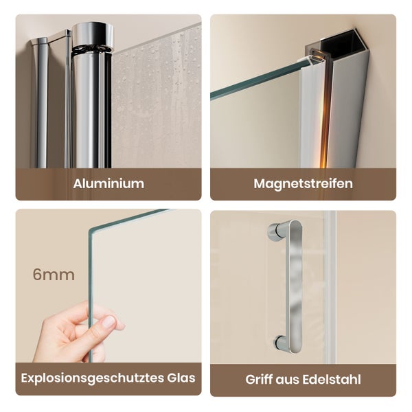 Detailansicht einer Duschkabine mit Aluminiumrahmen, Magnetstreifen, 6 mm Sicherheitsglas und Edelstahlgriff