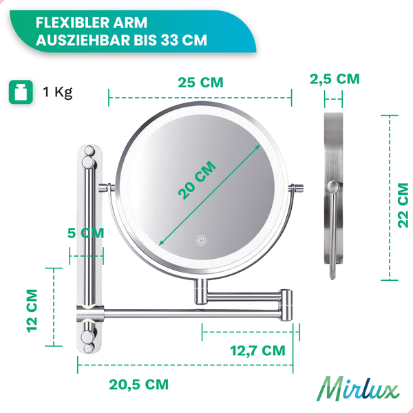 Mirlux Make Up Spiegel mit LED Beleuchtung, Kosmetikspiegel 7X Vergrößerung Rund Wandmodell Chrom
