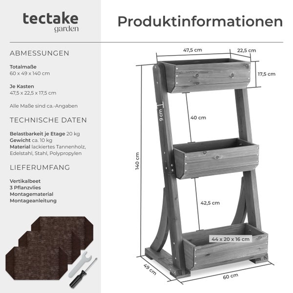 Produktinformationen für ein dreistufiges Vertikalbeet aus Holz mit Details zu Maßen, Belastbarkeit, Material und Lieferumfang.