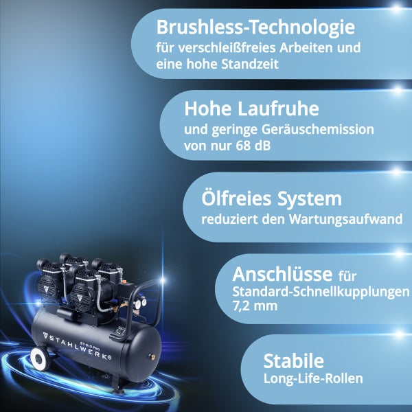STAHLWERK ST-510 PRO Kompressor mit Brushless-Technologie für verschleißfreies Arbeiten, geringe Geräuschemission und ölfreies System