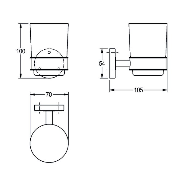 Technische Zeichnung eines Zahnputzbechers mit Wandhalterung und Maßangaben in Millimeter.