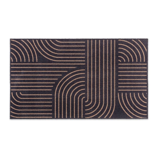 Rechteckige Fußmatte in Anthrazit und Beige mit modernem geometrischem Linienmuster und Bögen.