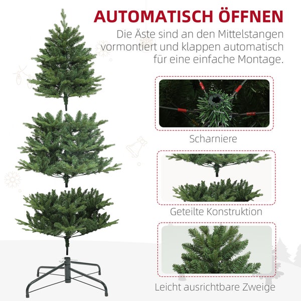 Künstlicher Weihnachtsbaum mit automatischem Klappmechanismus, Scharnieren, geteilter Konstruktion und leicht ausrichtbaren Zweigen.