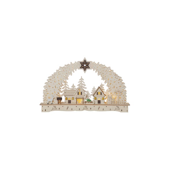 Weihnachtsleuchter aus Holz mit Häusern und Stern
