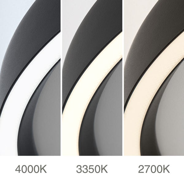 Nahaufnahme einer LED-Leuchte, die verschiedene Farbtemperaturen von 4000 Kelvin, 3350 Kelvin und 2700 Kelvin zeigt