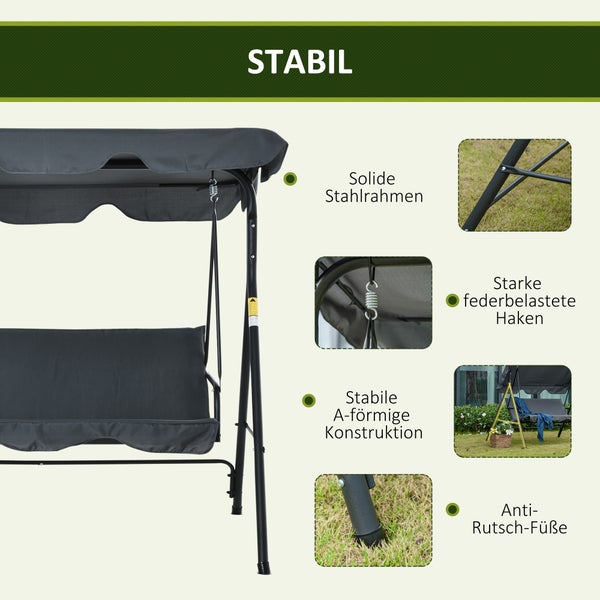 Outsunny Hollywoodschaukel, 3-Sitzer, mit Dach, 172 x 110 x 153 cm, Stahl, Grau+Schwarz