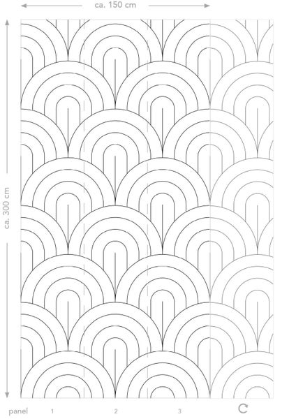 Tapetenmuster mit stilisiertem Halbkreis Design und einer Größe von circa 150 mal 300 Zentimeter