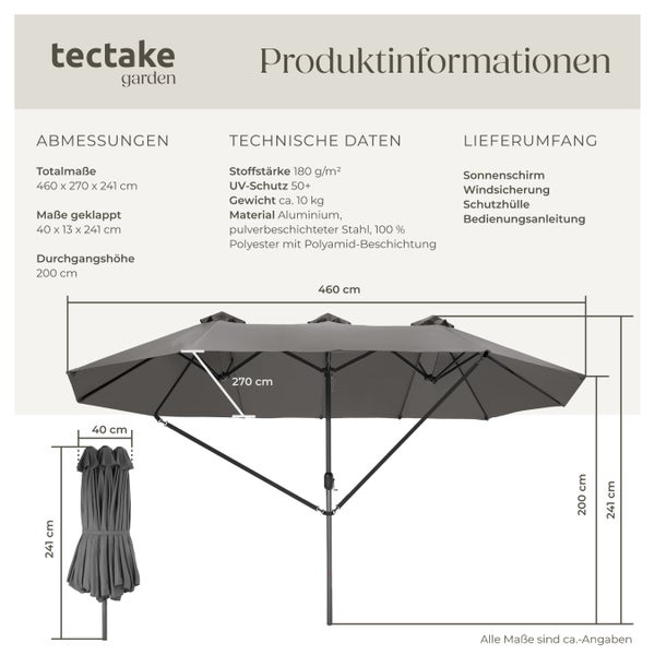 Sonnenschirm tectake Silia UV-Schutz 50+, inklusive Windsicherung und Schutzhülle 460 x 270 cm grau