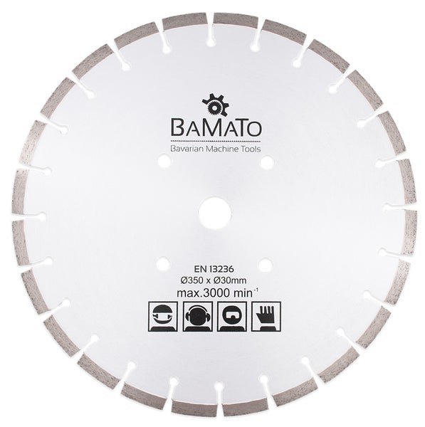 Bamato Diamant-Trennscheibe, segmentierter Rand, Durchmesser 350 Millimeter, Bohrung 30 Millimeter, maximal 3000 Umdrehungen pro Minute.