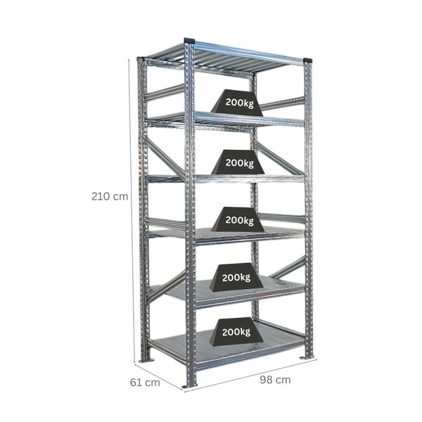 Metallregal mit fünf Regalböden und einer Traglast von 200 Kilogramm pro Boden