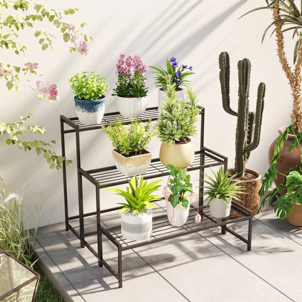 Outsunny 3-Etagen Pflanzenständer, Blumenständer für Innen Außen, Pflanzenregal aus Metall, mehrstöckig Blumenregal, 66 cm hoch Blumentreppe für Wohnzimmer, Garten Balkon Deko, Schwarz