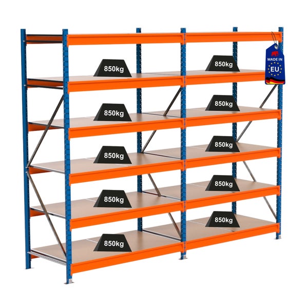 Lagerregal mit mehreren Ebenen und einer Traglast von 850 Kilogramm pro Ebene sowie einem Made in EU Siegel