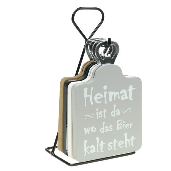 Bierdeckel-Set mit Halter und Aufschrift Heimat ist da wo das Bier kalt steht