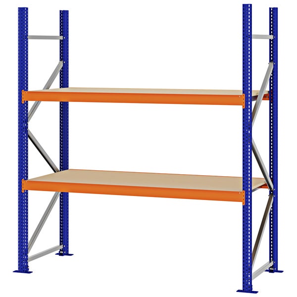 Weitspannregal mit zwei Holzböden und blau-orangem Metallgestell für Lager und Werkstatt.