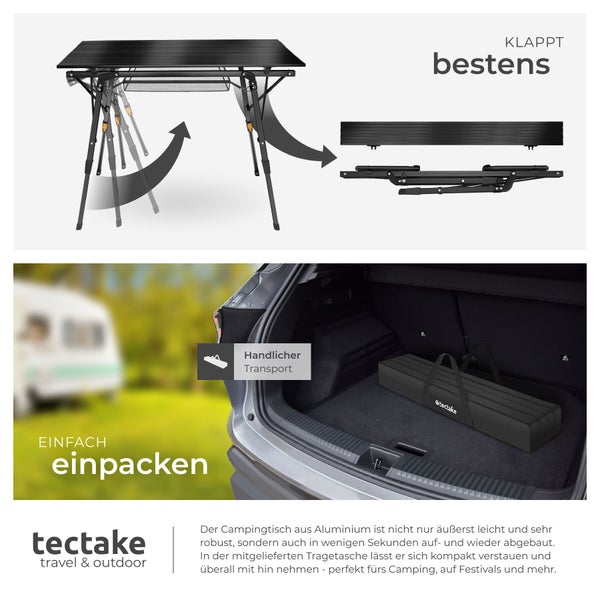 Klappbarer Campingtisch aus Aluminium. Abbildung zeigt Klappmechanismus und Transport in der Tragetasche im Kofferraum. tectake Logo.