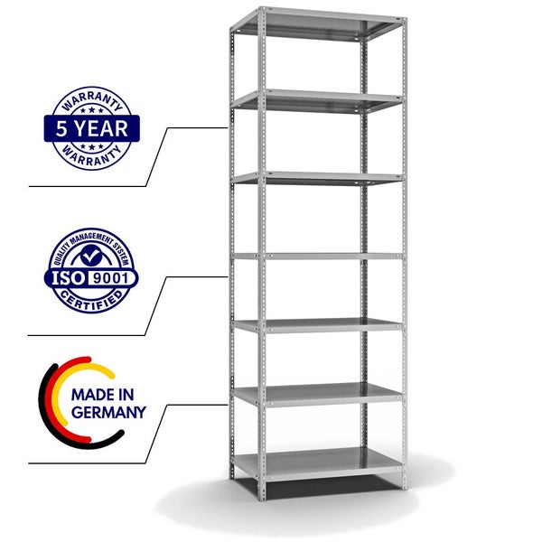 PROREGAL Fachbodenregal Schraubsystem Medium-Duty Grundregal HxBxT 300 x 100 x 60 cm 7 Ebenen Fachlast 200 kg Beidseitig Nutzbar Verzinkt