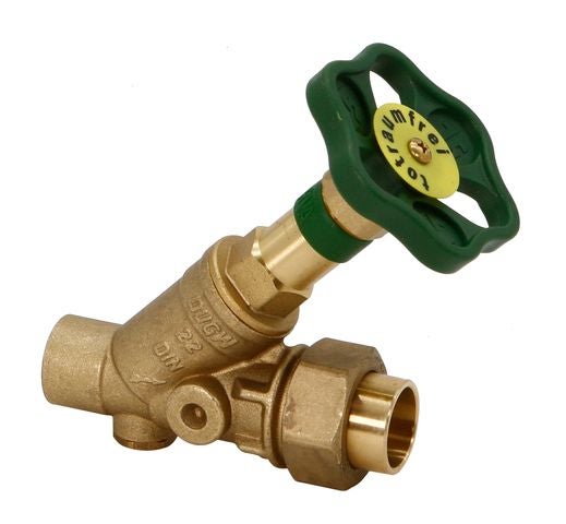 Messing Schrägsitz-Freistromventil, totraumfrei, mit grünem Handrad, 22 Millimeter Lötanschluss, zertifiziert für Trinkwasser.