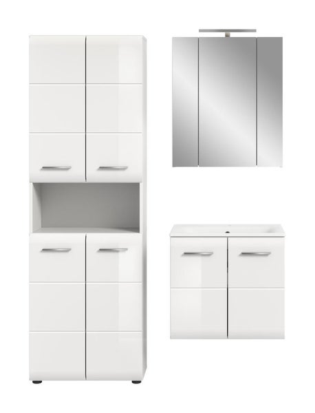 Weißes Badezimmermöbel-Set mit Hochschrank, Waschbeckenunterschrank inklusive Waschbecken und Spiegelschrank mit Beleuchtung.