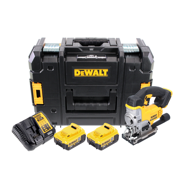 DeWalt Akku-Stichsäge-Set mit 18 Volt Stichsäge, zwei 4,0 Amperestunden Akkus, Ladegerät und TSTAK-Transportkoffer.