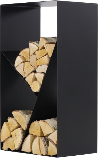 Brennholzregal aus Stahl mit Holzscheiten
