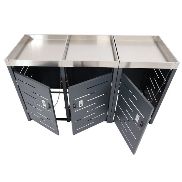 Mülltonnenbox für drei Mülltonnen mit abschließbaren Türen und Edelstahlabdeckung