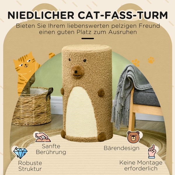 PawHut Kratztonne, Höhe 66 cm, Kratzturm mit 2 Ebenen, Katzentonne mit Kratzbrett, Katzenturm mit 2 Höhlen, Katzenkratzbaum im Bärendesign, Hellbraun