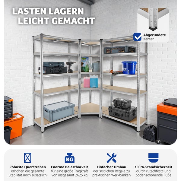 Schwerlastregalsystem tectake Gustav variable Montage im Stecksystem 3-teilig, 2 in 1 Verwendung als Werkbänke silber
