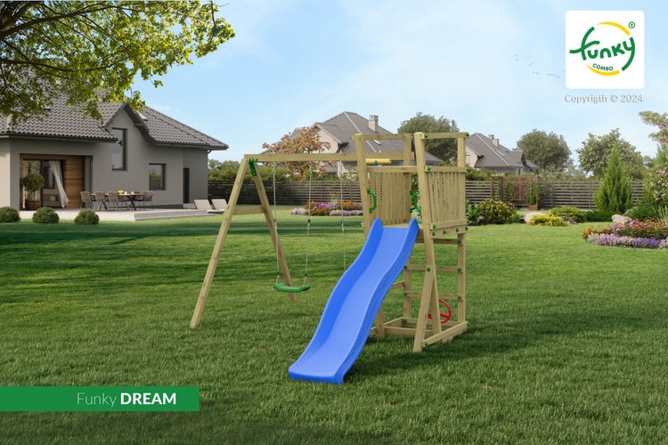 Spielturm Funky DREAM aus Holz mit blauer Rutsche, Schaukel und Klettergerüst im Garten, Funky COMBO Logo.