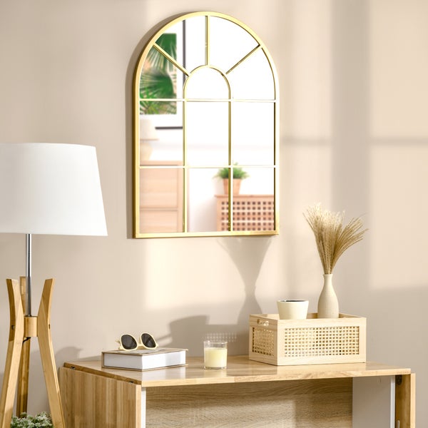 HOMCOM Wandspiegel Fensterspiegel 70 x 50cm Flurspiegel mit Metallrahmen Hängespiegel Dekospiegel Ganzkörperspiegel für Wohnzimmer Schlafzimmer Gold