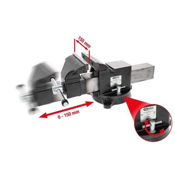 KS Tools Werkbank Schraubstock mit 155 Millimeter Backenbreite und 0 bis 150 Millimeter Spannweite inklusive drehbarer Basis